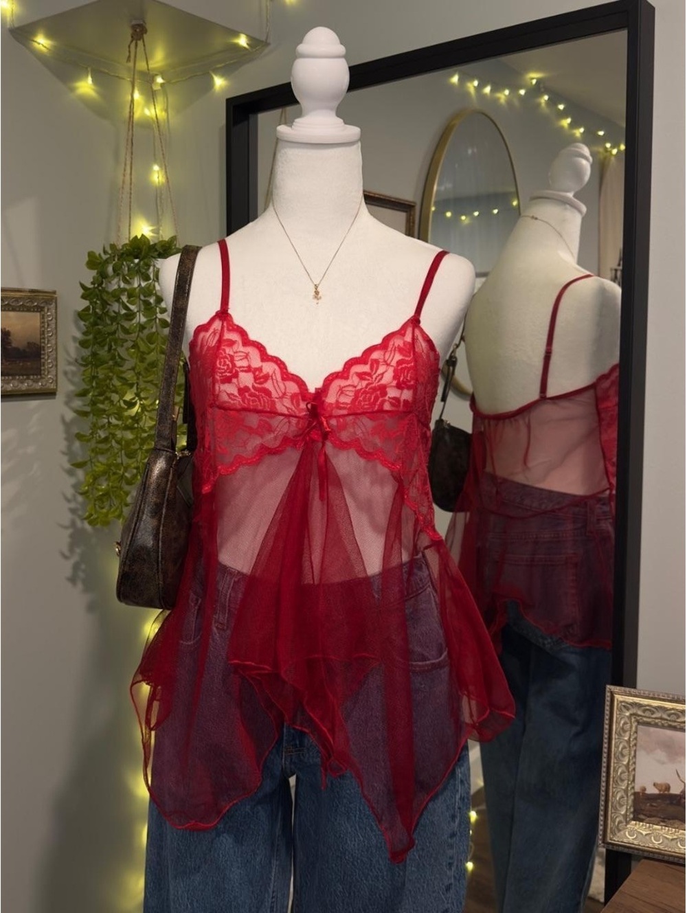 Red Sheer Lace Babydoll Cami